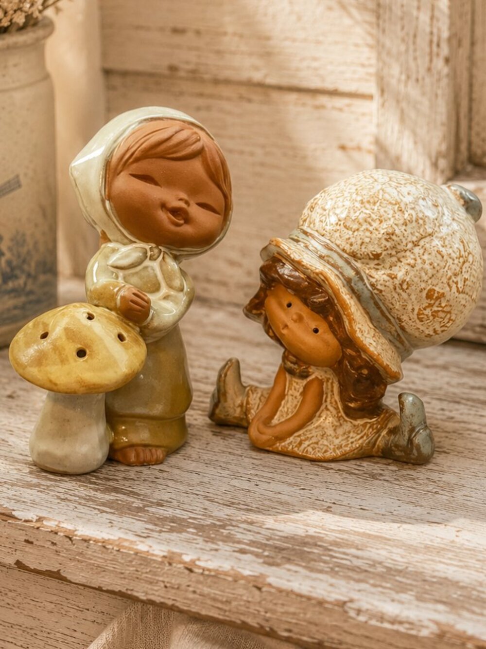 Set of 2 Vintage Japanese Redware Pottery Figurines Mid Century Collectible Set